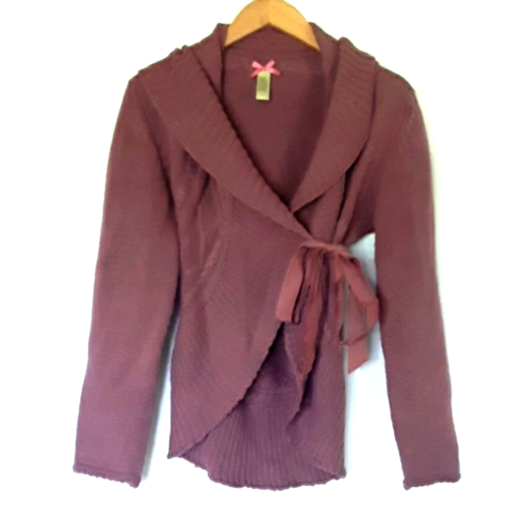 Downeast Basics Purple Plum Sweater Cardigan Large Cocoon Tie Wrap Large